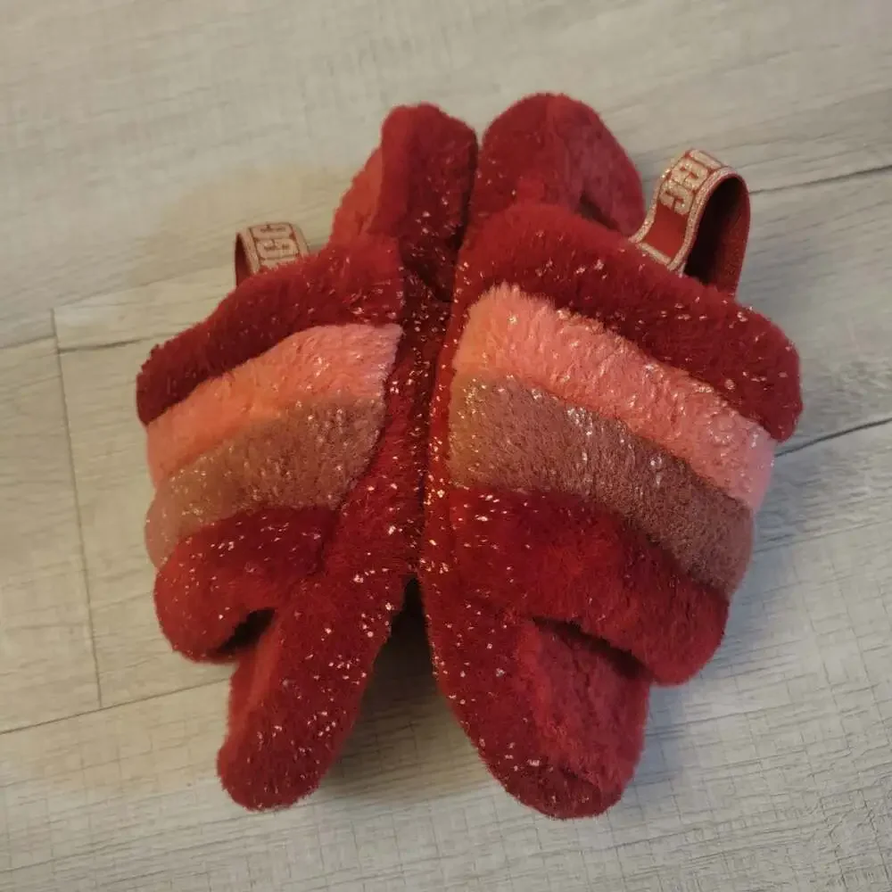 UGG Girls Fluff Yeah Metallic Sparkle Slippers in Red Multi